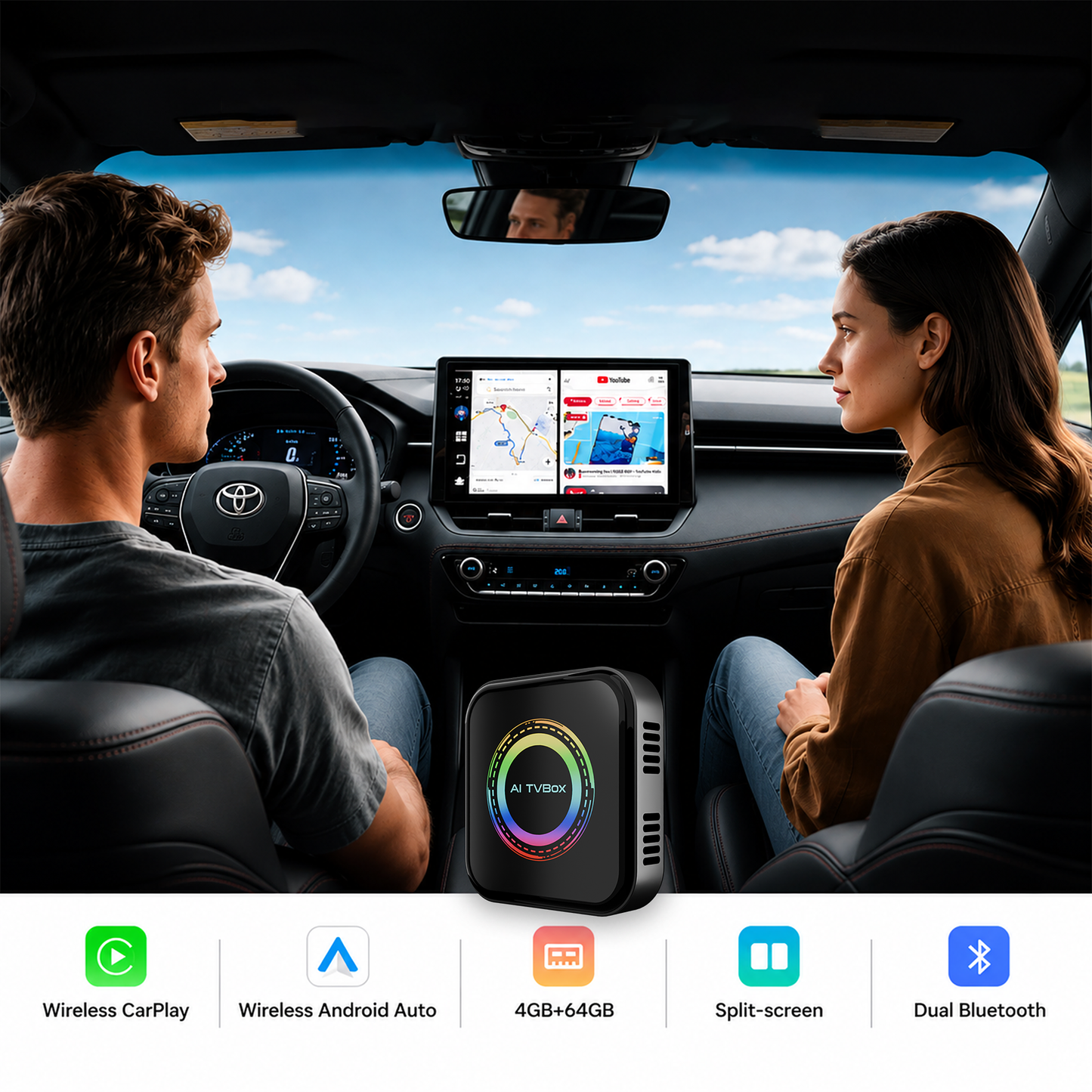 Carlizem® Wireless CarPlay & Android Auto Box, Stream YouTube Netflix JioHotstar on Car Display, Snapdragon 665 Octa-Core Convert Wired to Wireless, BUILT IN GPS, 4G LTE SIM Slot, 4GB RAM 64GB Storage