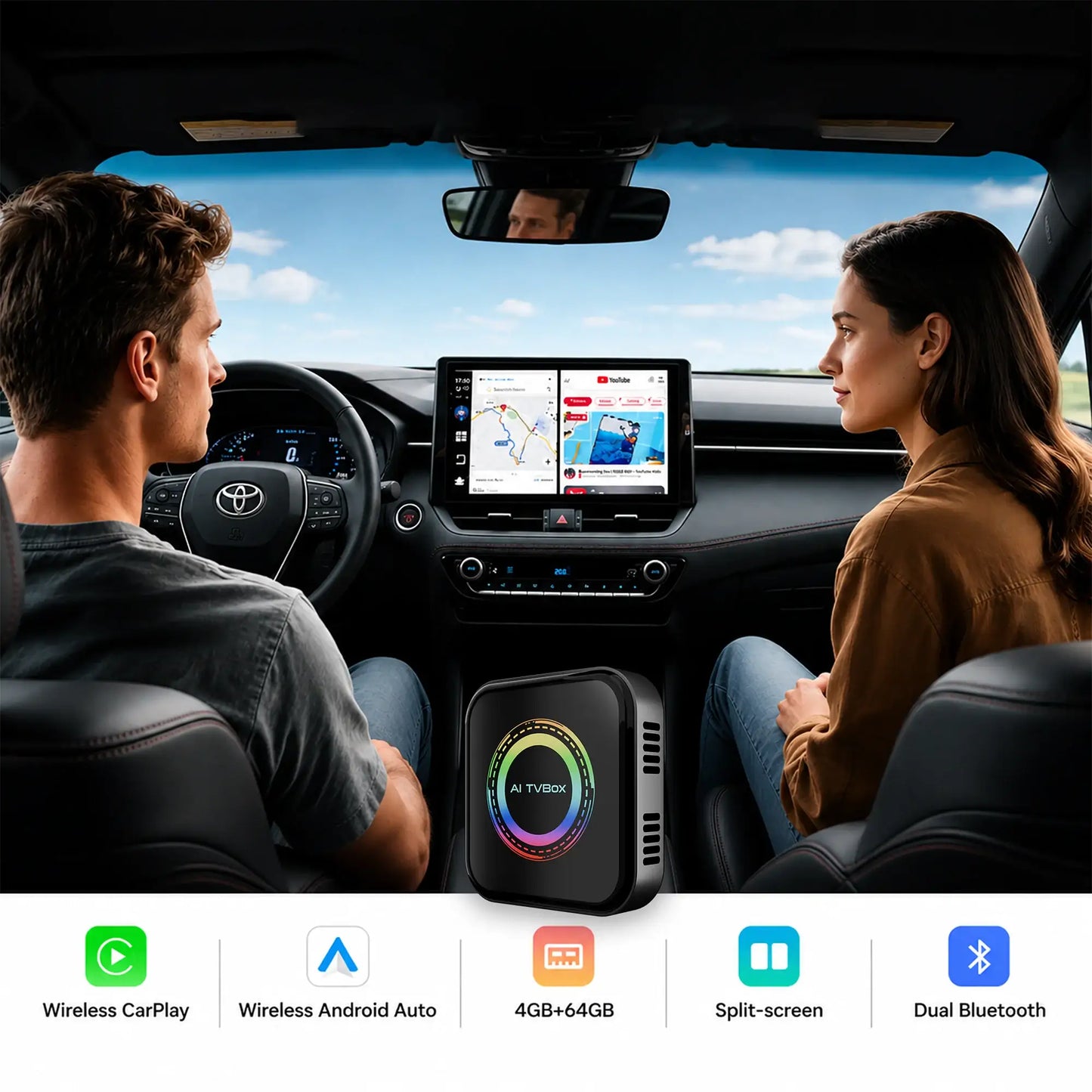 Carlizem® Wireless CarPlay & Android Auto Box, Stream YouTube Netflix JioHotstar on Car Display, Snapdragon 665 Octa-Core Convert Wired to Wireless, BUILT IN GPS, 4G LTE SIM Slot, 4GB RAM 64GB Storage