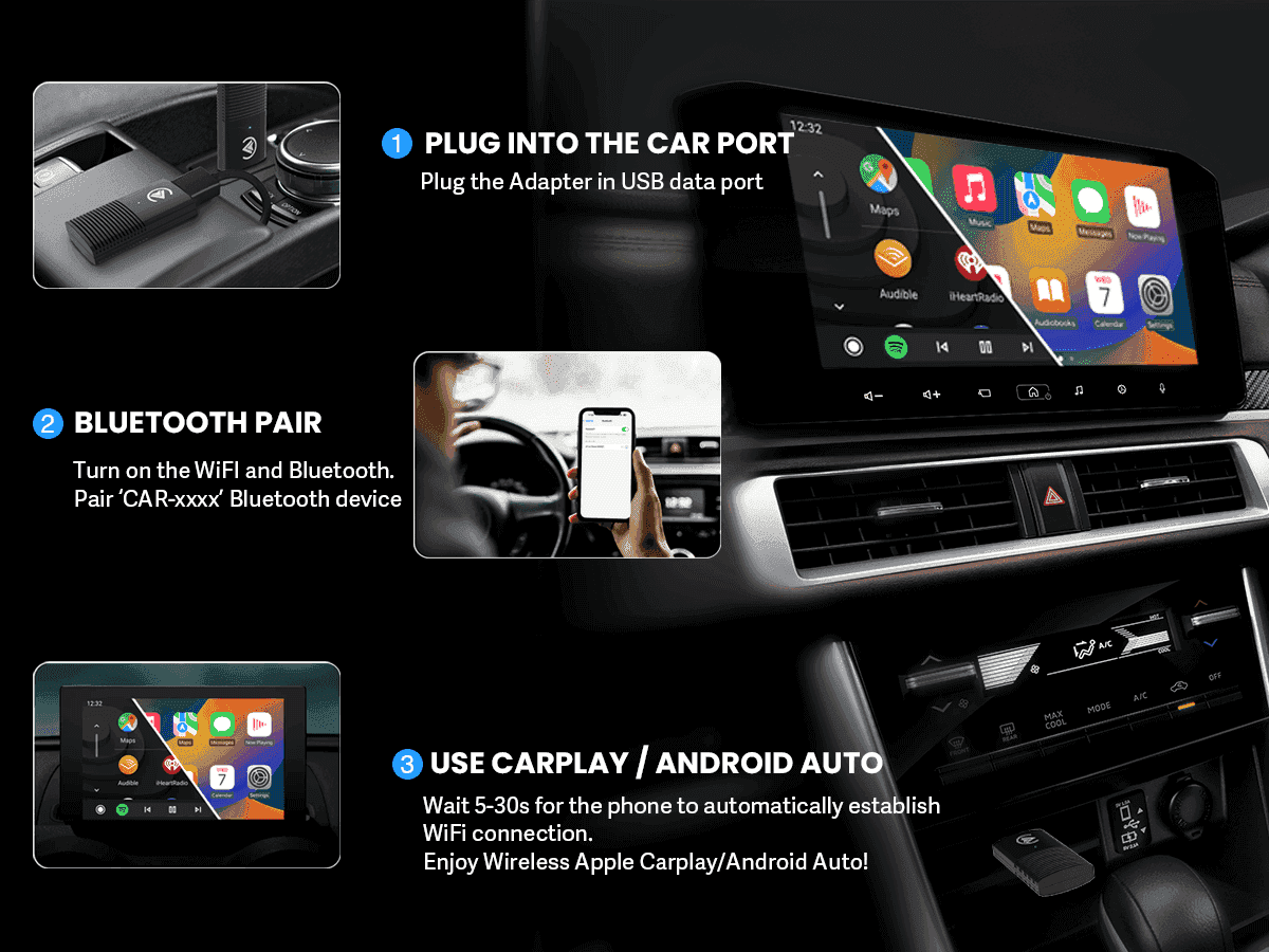 Carlizem Wired to Wireless Carplay & Android Auto Adapter Bluetooth 5.3 5.8Ghz WiFi | Fast Reliable Connectivity | Compact Size - Carlizem