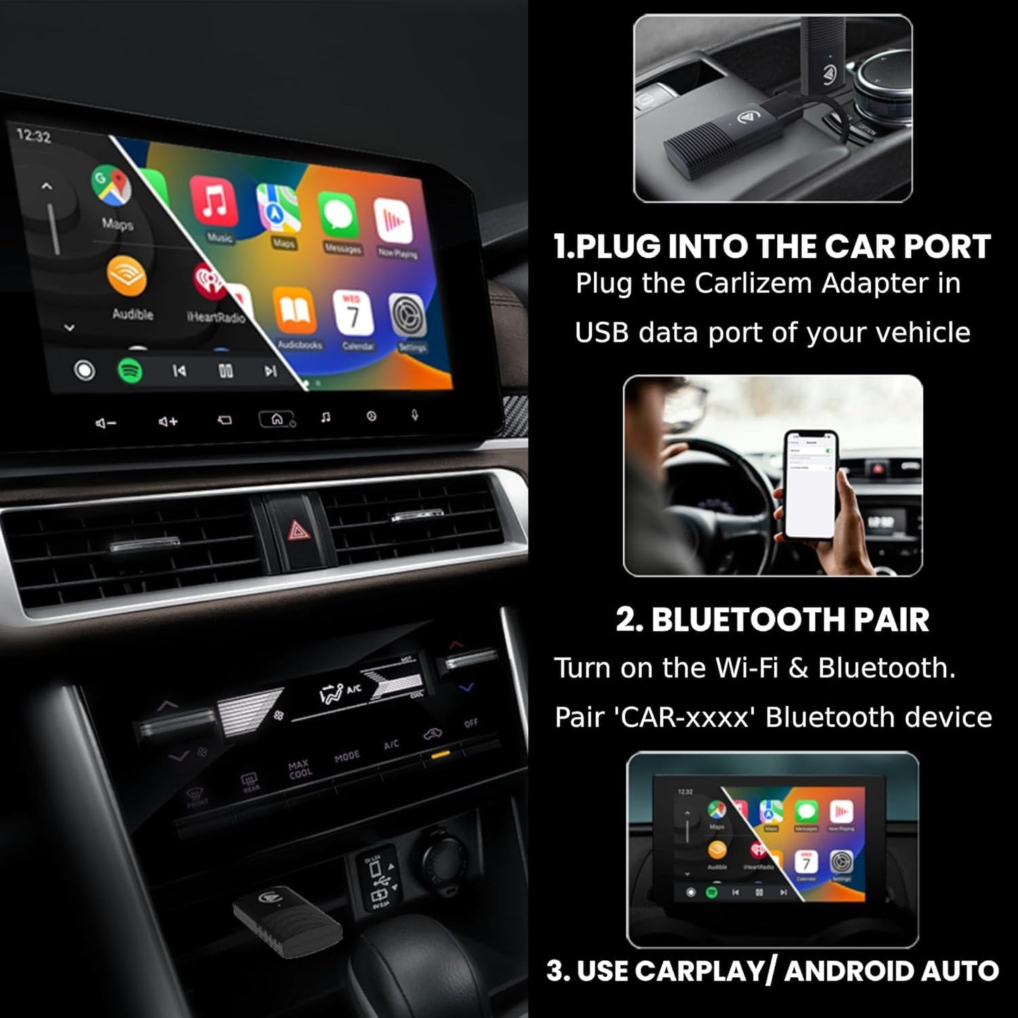 Carlizem Wireless Android Auto & Apple Carplay Adapter Cortex A7 Pro Processor Wired to Wireless High Performance | Easy to Use & Setup