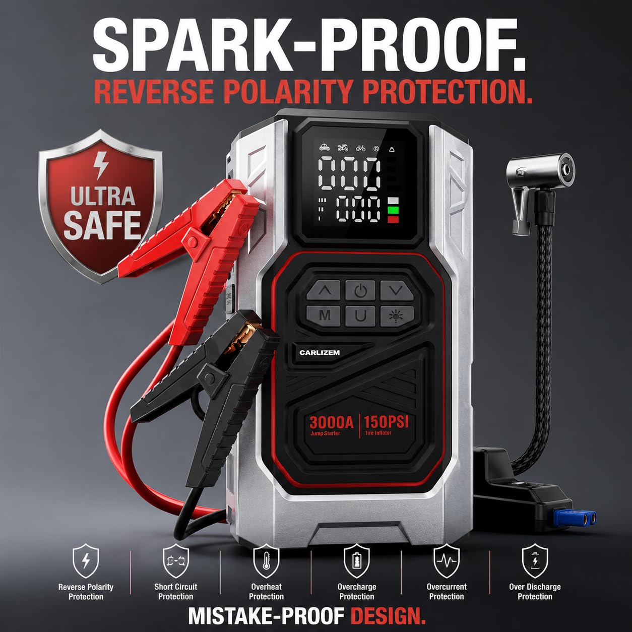 Carlizem Boost 4-in-1 Car Jump Starter with 150 PSI Tyre Inflator & Deflator, 8000mAh Capacity, LED Torch, Heavy-Duty 22mm Cylinder, for Petrol & Diesel Vehicles up to 6000cc | 3000A