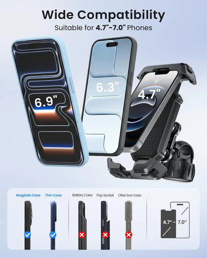 Carlizem Bike Phone Holder Mount for Motorcycle, Scooty & Cycle Handlebar | 360° Rotation Mobile Holder with Shock Absorption, Secure Switch Lock & Cushion Pads | Compatible with All Smartphones