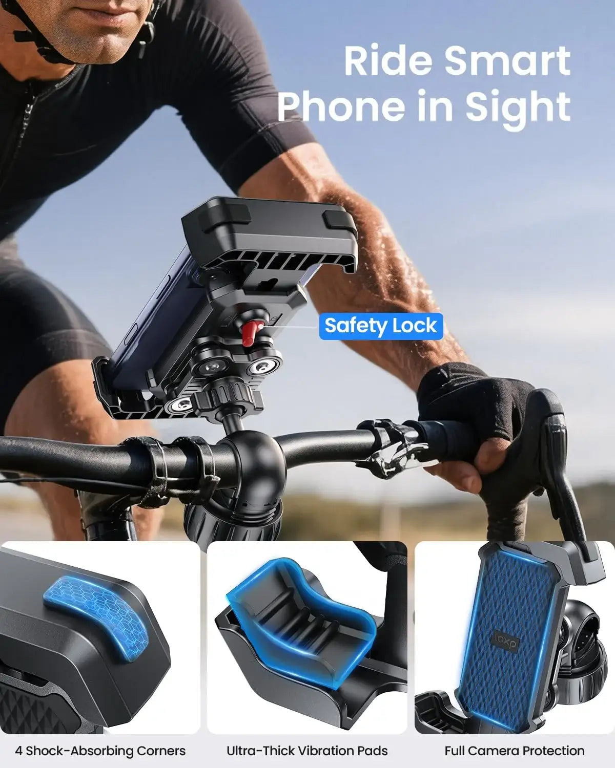 Carlizem Bike Phone Holder Mount for Motorcycle, Scooty & Cycle Handlebar | 360° Rotation Mobile Holder with Shock Absorption, Secure Switch Lock & Cushion Pads | Compatible with All Smartphones