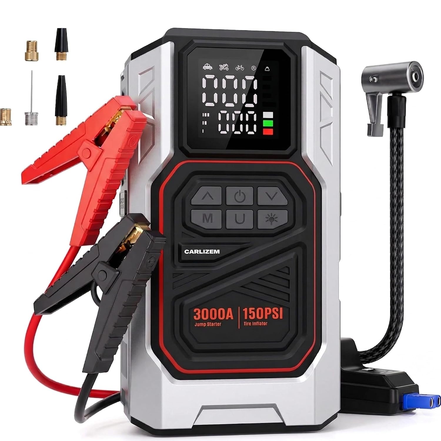 Carlizem Boost 4-in-1 Car Jump Starter with 150 PSI Tyre Inflator & Deflator, 8000mAh Capacity, LED Torch, Heavy-Duty 22mm Cylinder, for Petrol & Diesel Vehicles up to 6000cc | 3000A