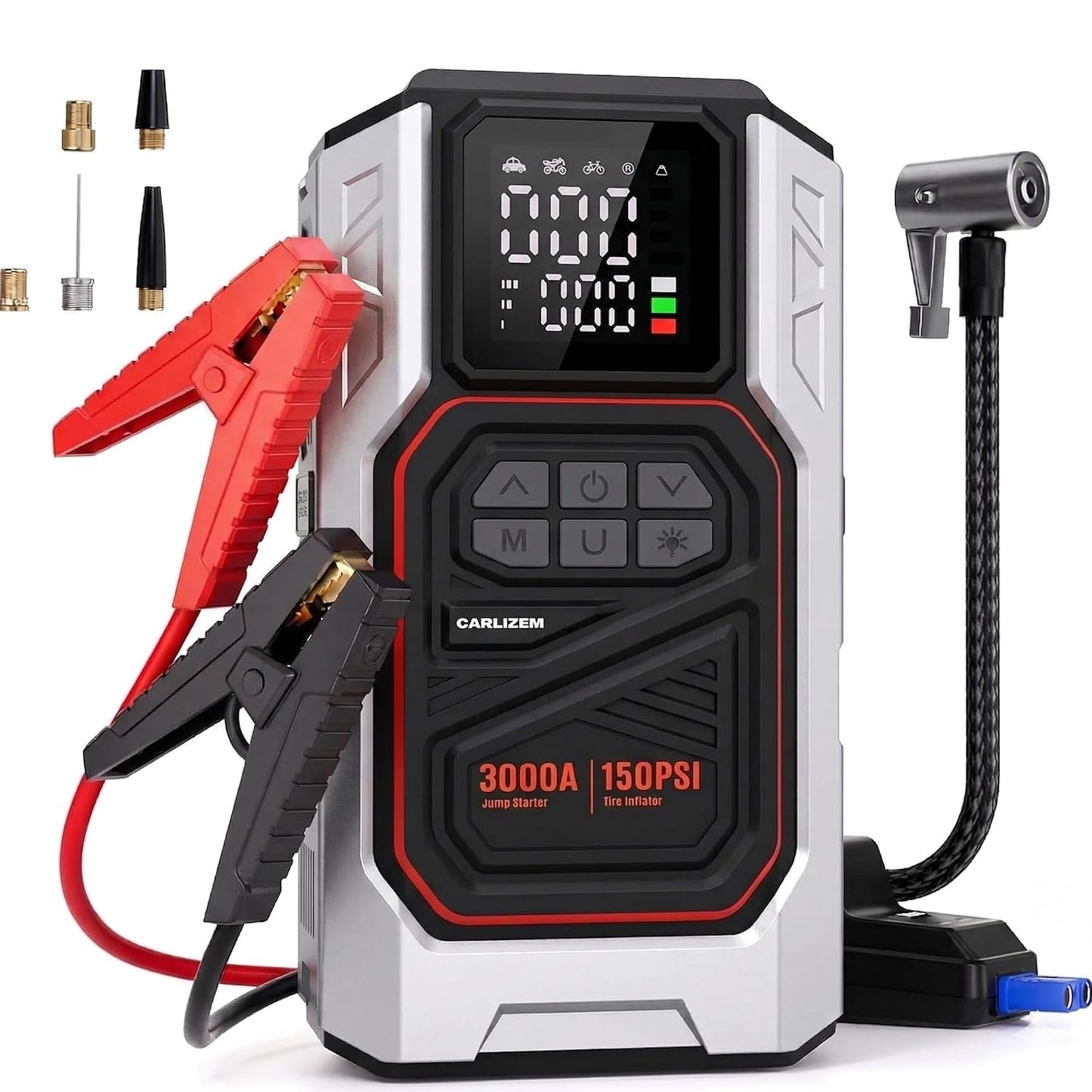 Carlizem Boost 4-in-1 Car Jump Starter with 150 PSI Tyre Inflator & Deflator, 8000mAh Capacity, LED Torch, Heavy-Duty 22mm Cylinder, for Petrol & Diesel Vehicles up to 6000cc | 3000A