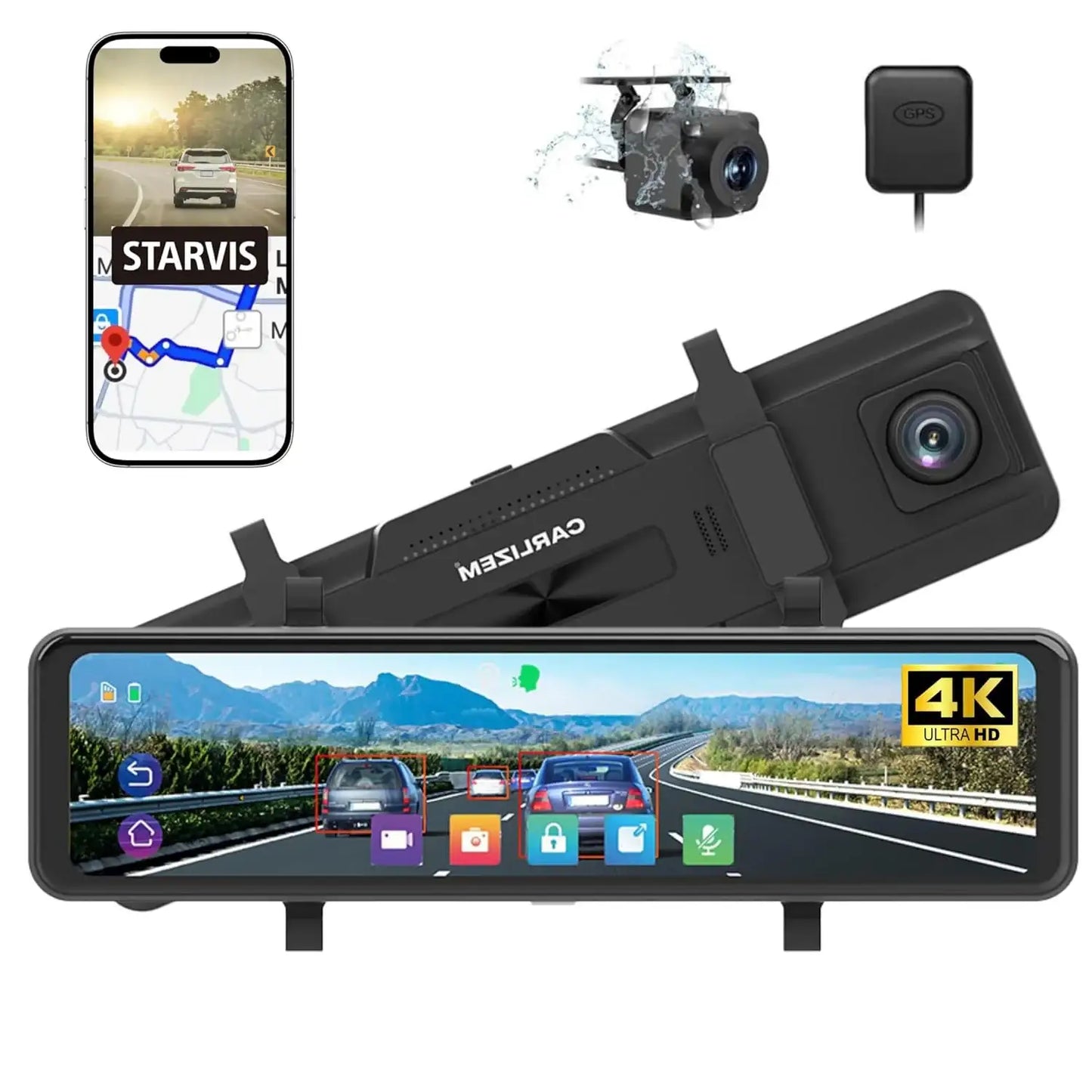 Carlizem 12" 4K Sony STRAVIS IMX335 Rear View Mirror Dash Cam for Car Front and Rear with GPS, ADAS, BSD, Touchscreen, 5.8GHz WiFi, G-Sensor, Loop Recording G1 Pro