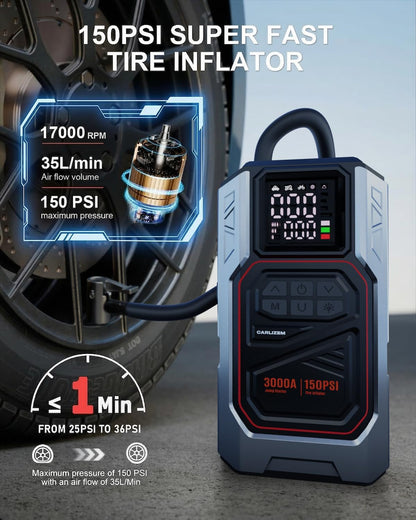 Carlizem Boost 4-in-1 Car Jump Starter with 150 PSI Tyre Inflator & Deflator, 8000mAh Capacity, LED Torch, Heavy-Duty 22mm Cylinder, for Petrol & Diesel Vehicles up to 6000cc | 3000A