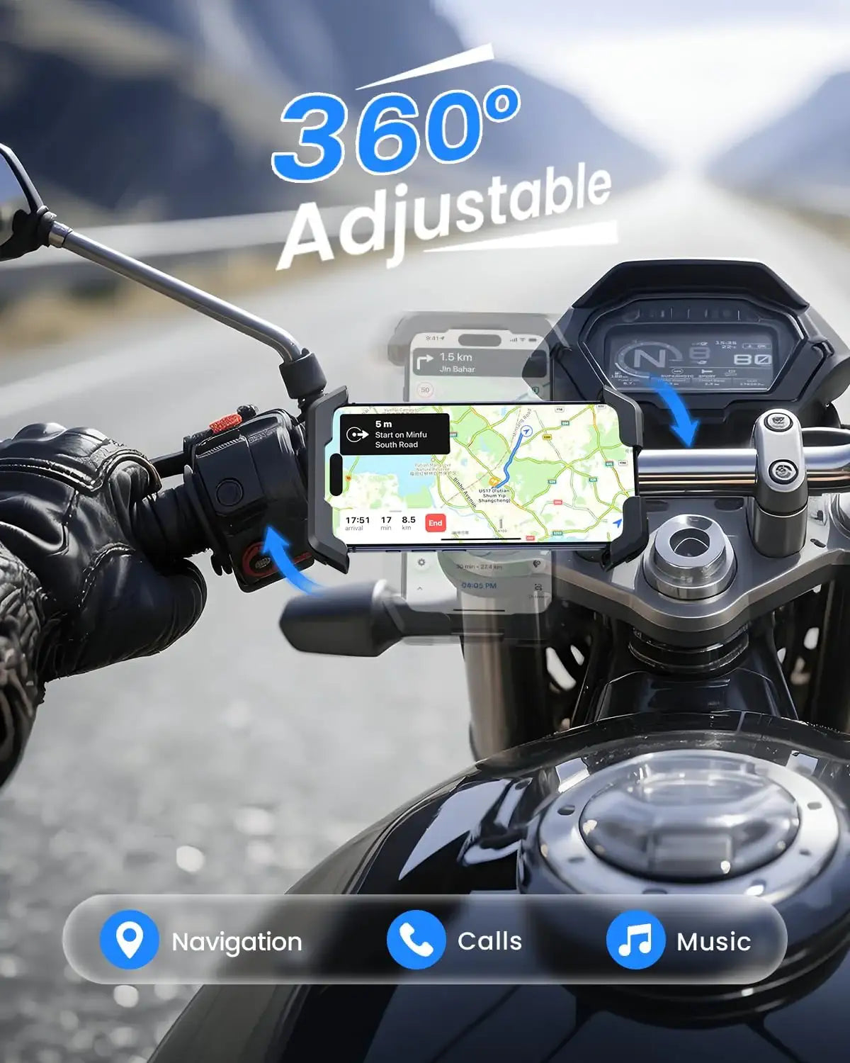 Carlizem Bike Phone Holder Mount for Motorcycle, Scooty & Cycle Handlebar | 360° Rotation Mobile Holder with Shock Absorption, Secure Switch Lock & Cushion Pads | Compatible with All Smartphones
