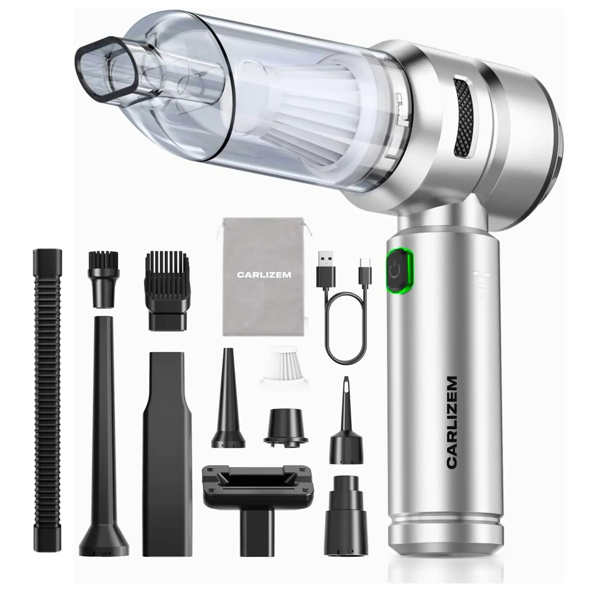 Carlizem TurboJet 500 [4-in-1] Powerful & Fully Wireless Car Vacuum Cleaner & Air Blower - 18000PA 4X More Suction Power - BLDC Long Life Motor - 3 Suction Speeds - 7500mAh Rechargeable