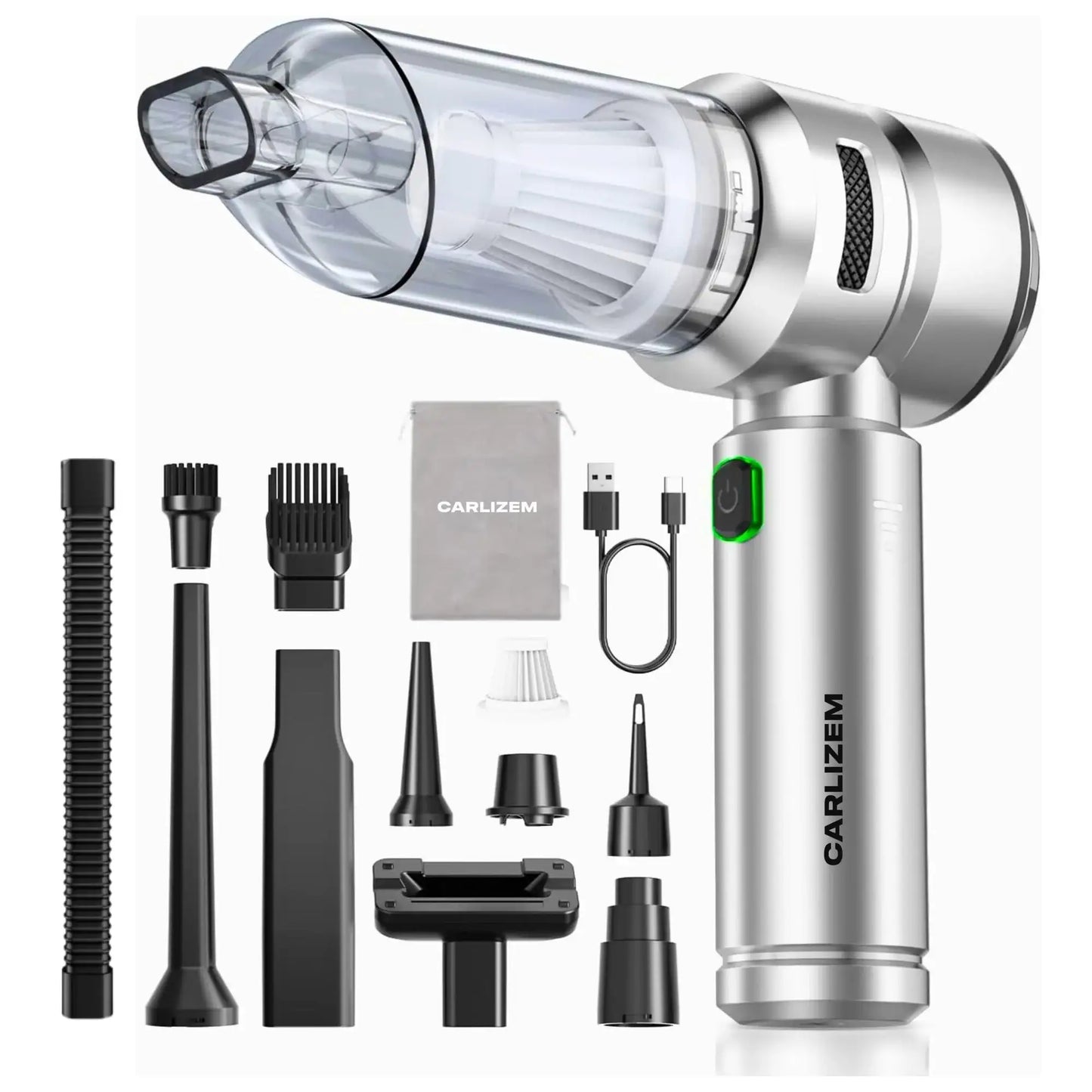 Carlizem TurboJet 500 [4-in-1] Powerful & Fully Wireless Car Vacuum Cleaner & Air Blower - 18000PA 4X More Suction Power - BLDC Long Life Motor - 3 Suction Speeds - 6000 mah mins Rechargeable