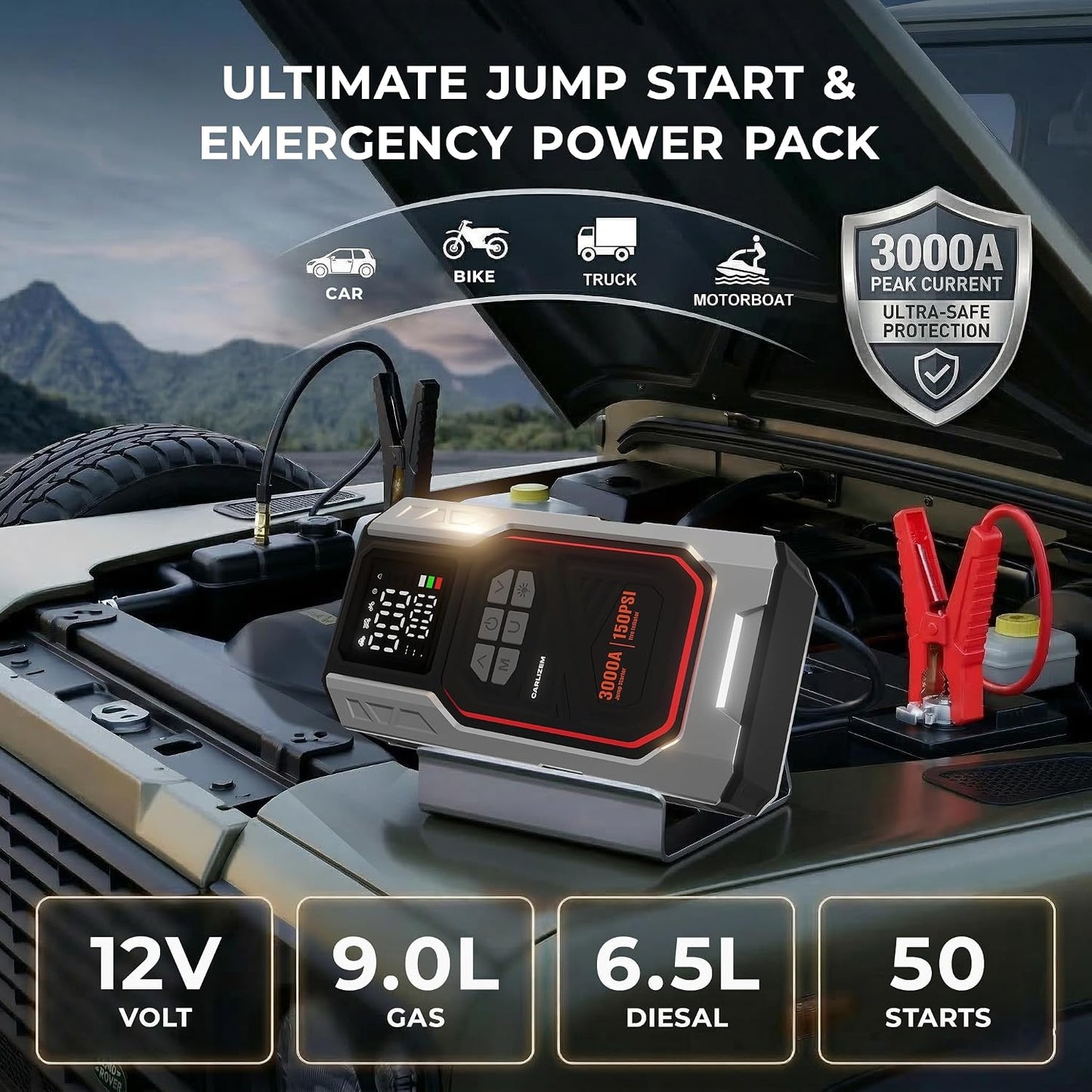 Carlizem Boost 4-in-1 Car Jump Starter with 150 PSI Tyre Inflator & Deflator, 8000mAh Capacity, LED Torch, Heavy-Duty 22mm Cylinder, for Petrol & Diesel Vehicles up to 6000cc | 3000A