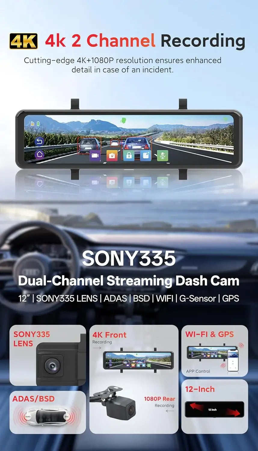 Carlizem 12" 4K Sony STRAVIS IMX335 Rear View Mirror Dash Cam for Car Front and Rear with GPS, ADAS, BSD, Touchscreen, 5.8GHz WiFi, G-Sensor, Loop Recording G1 Pro