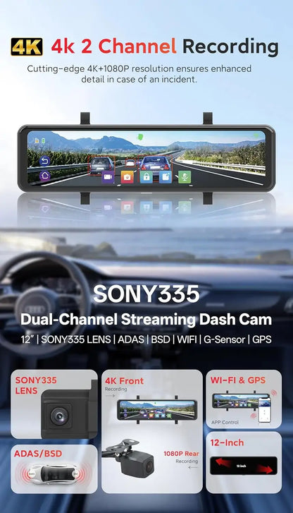 Carlizem 12" 4K Sony STRAVIS IMX335 Rear View Mirror Dash Cam for Car Front and Rear with GPS, ADAS, BSD, Touchscreen, 5.8GHz WiFi, G-Sensor, Loop Recording G1 Pro