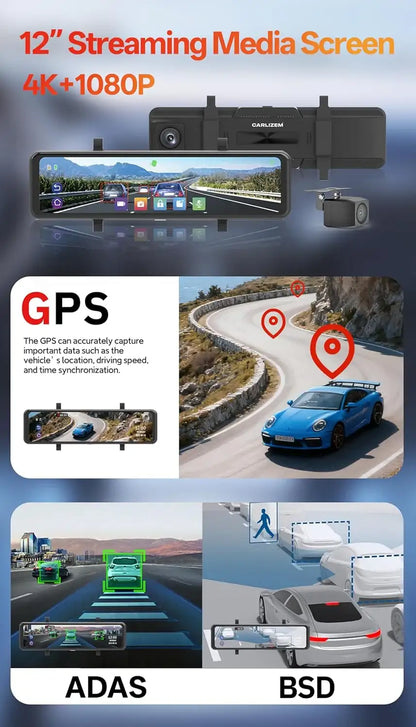 Carlizem 12" 4K Sony STRAVIS IMX335 Rear View Mirror Dash Cam for Car Front and Rear with GPS, ADAS, BSD, Touchscreen, 5.8GHz WiFi, G-Sensor, Loop Recording G1 Pro