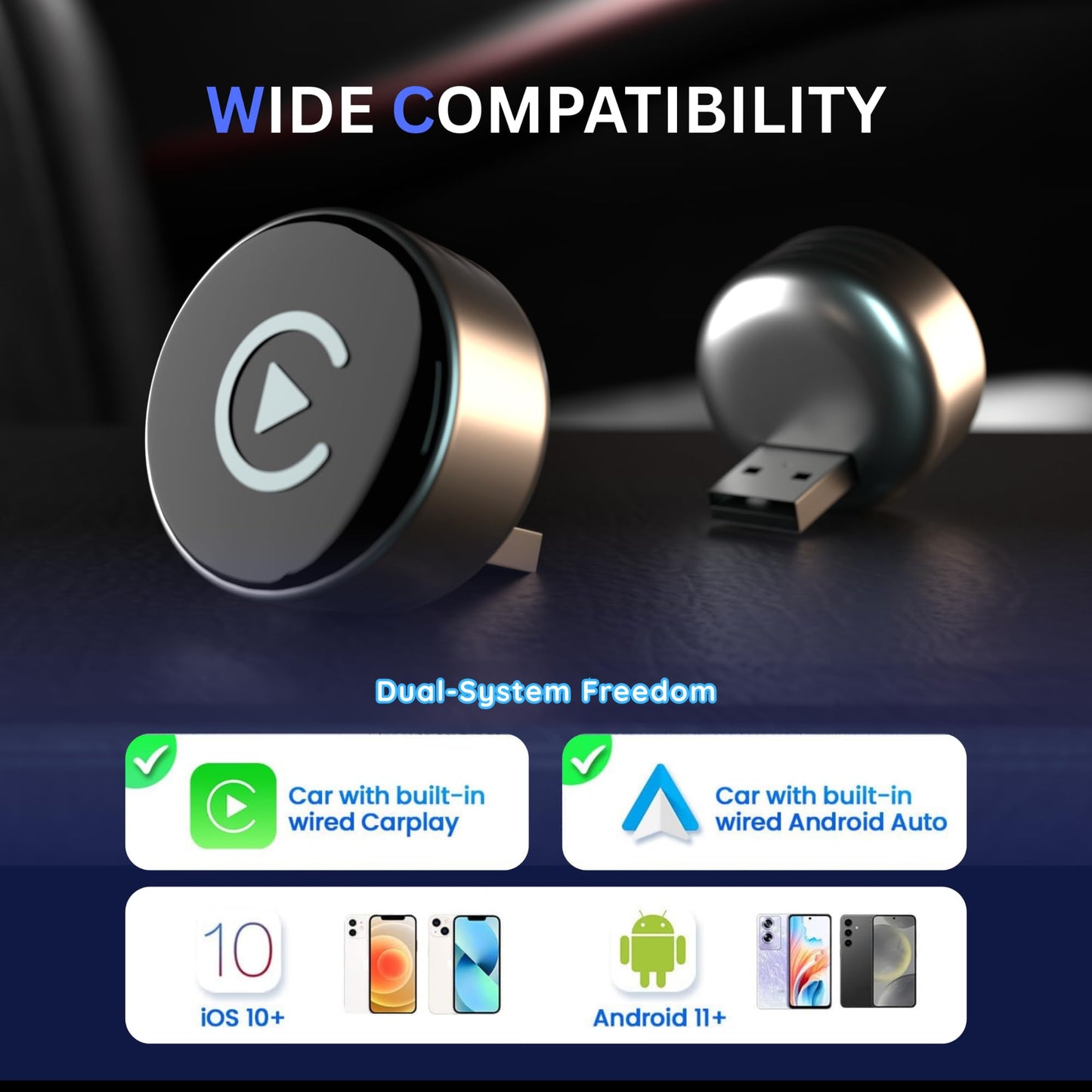 Carlizem Wireless Android Auto & Apple Carplay Adapter Cortex A7 Pro Processor Wired to Wireless High Performance | Easy to Use & Setup